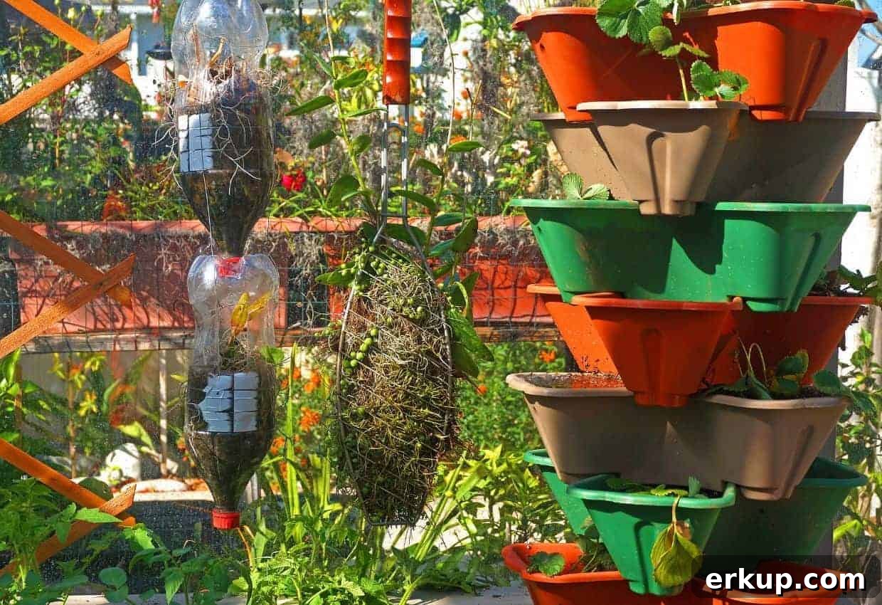 7 Vertical Gardening Tips for Urban Food Lovers 3 Vertical gardening using pop bottles and planters on a balcony.