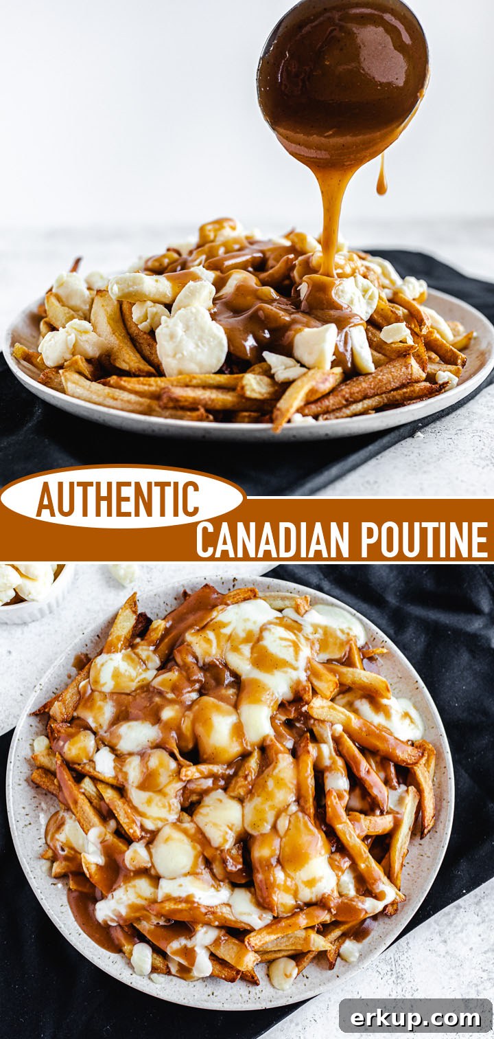 vertical collage image of poutine with recipe title in the middle of both photos