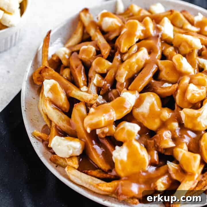 cheese, fries and gravy on a large plate that's on a black linen napkin