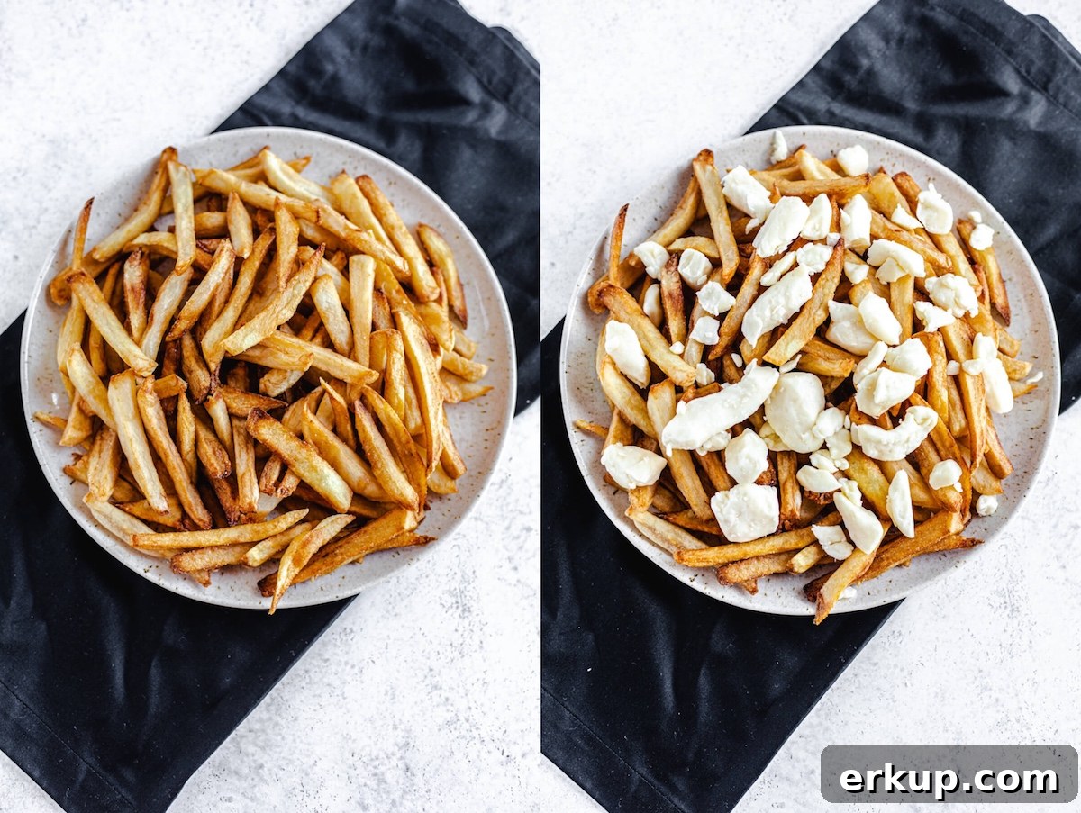 two photo collage top view of fries on a plate and fries with cheese curds on top