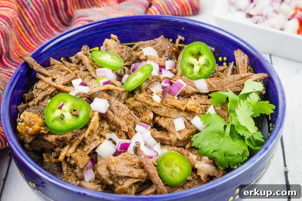 Beef Barbacoa in a blue bowl.