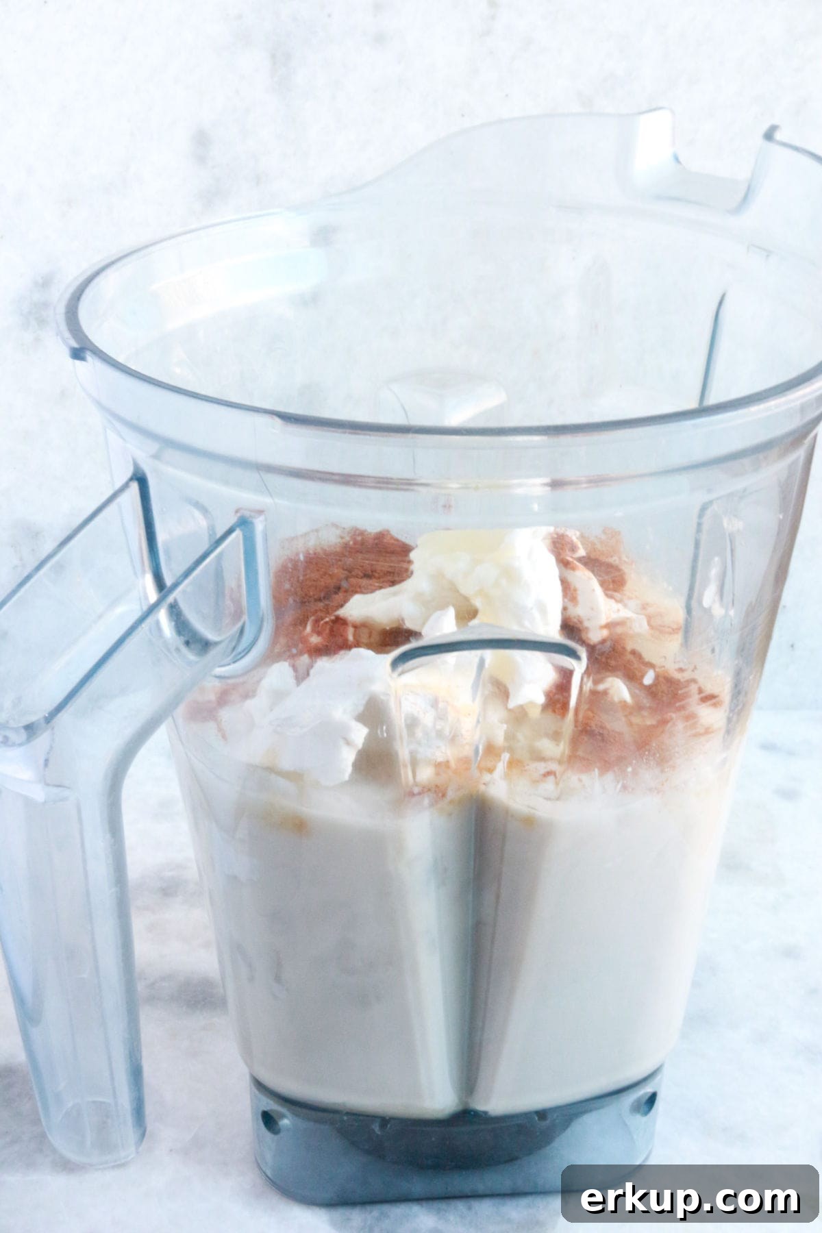 Creamy Vegan Coquito Recipe for the Holidays 4 A blender with coconut milk, coconut cream, cinnamon powder and other ingredients for coquito.