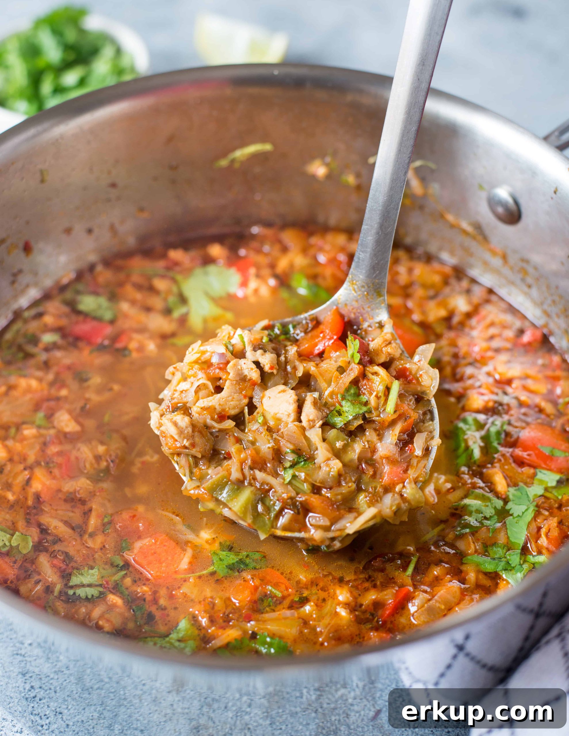 This Chicken Taco Soup is light, healthy and perfect if you are on a weight loss journey. It is also a Keto friendly recipe. Just add Corn, Kidney beans and top it with nachos to make it more wholesome.