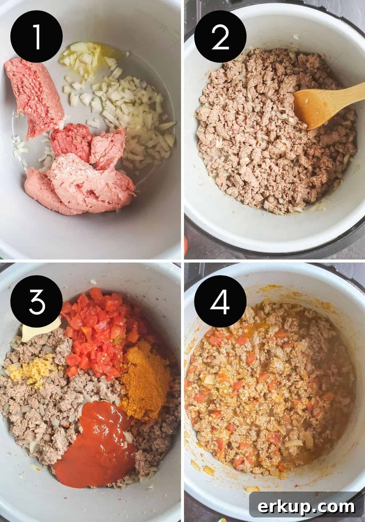 Steps for making taco meat in instant pot with numbered pictures.