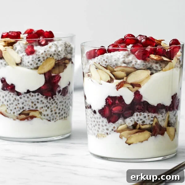 Pomegranate chia pudding parfaits in glasses
