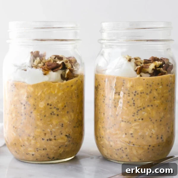 Two jars of pumpkin pie overnight oats.